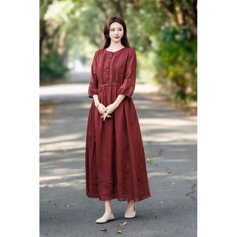 文艺复古苎麻圆领风褶琴蕾丝拼接抽绳气质纯色连衣裙 8669