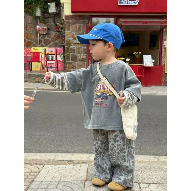 男童长袖T恤儿童春秋装2025新款时尚假两件上衣女宝宝痞帅套装潮