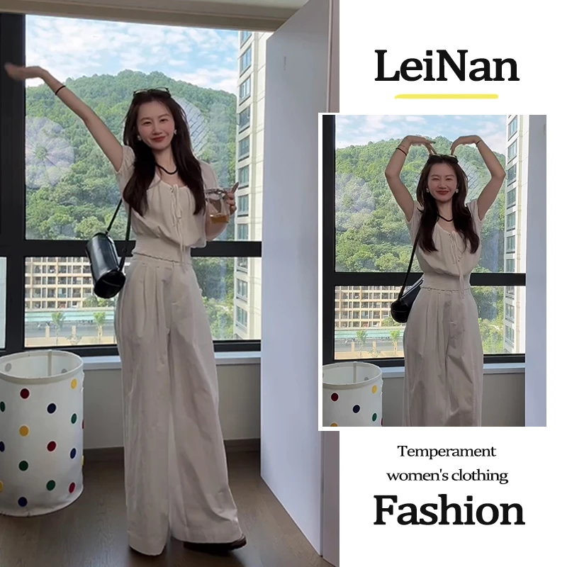 2025夏季新款女韩系穿搭修身短袖上衣百搭气质高腰显瘦阔腿长裤