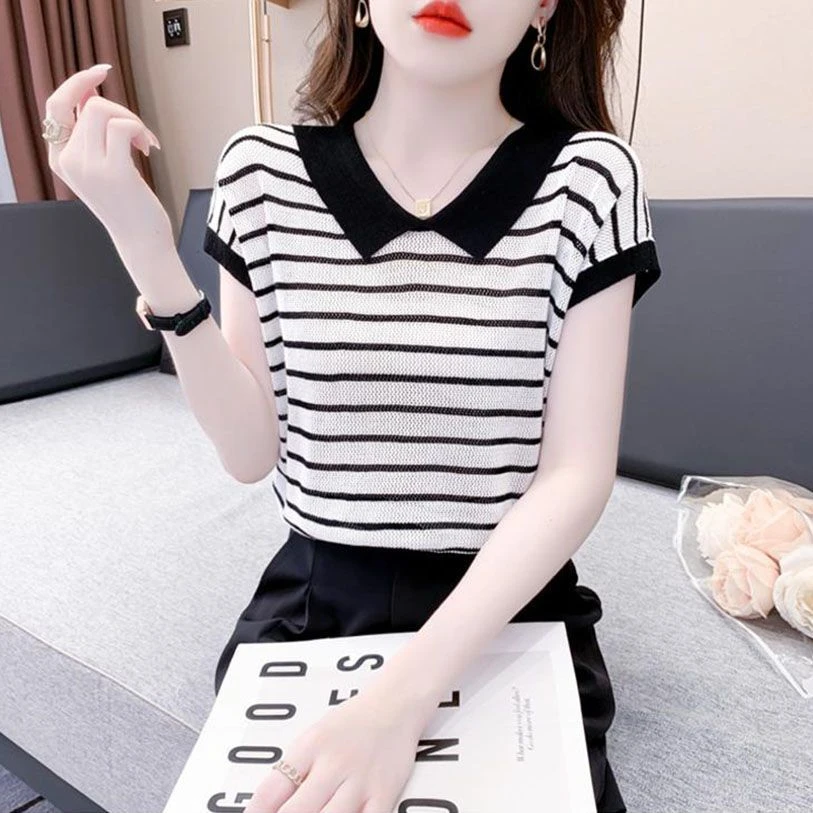 娃娃翻领条纹冰丝短袖女士2025夏季新款爆款薄款洋气撞色针织上衣