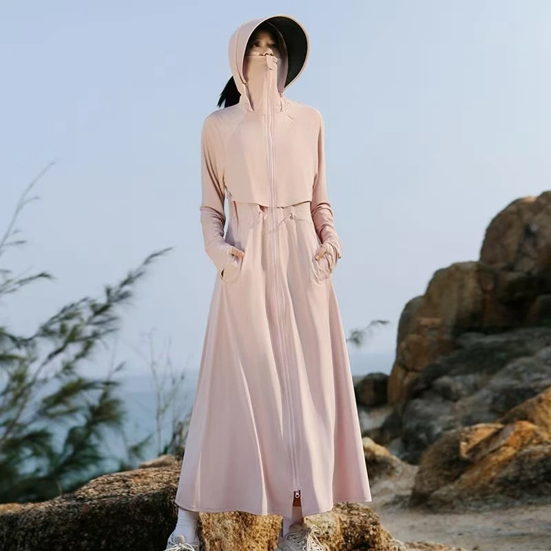 衣女长款时尚百搭收腰冰丝黑胶大帽檐可拆卸户外防紫外线外套