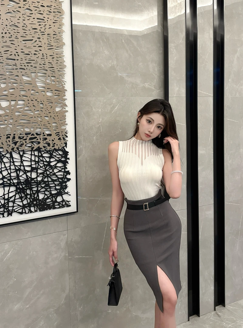 原创纯欲修身弹力无袖夏针织上衣裙子套装