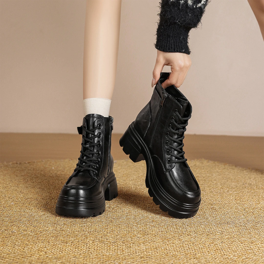 华耐马丁靴女款2025新款冬季小个子厚底增高短靴加绒保暖英伦女靴