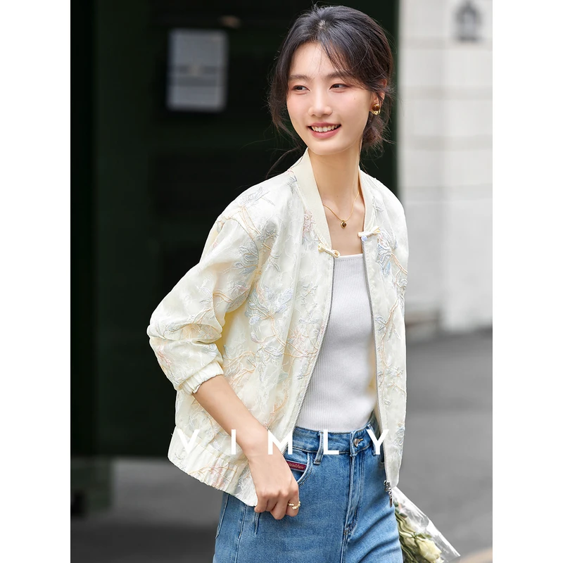 梵希蔓新中式国风杏色刺绣棒球服外套女秋季圆领防嗮衫A2782