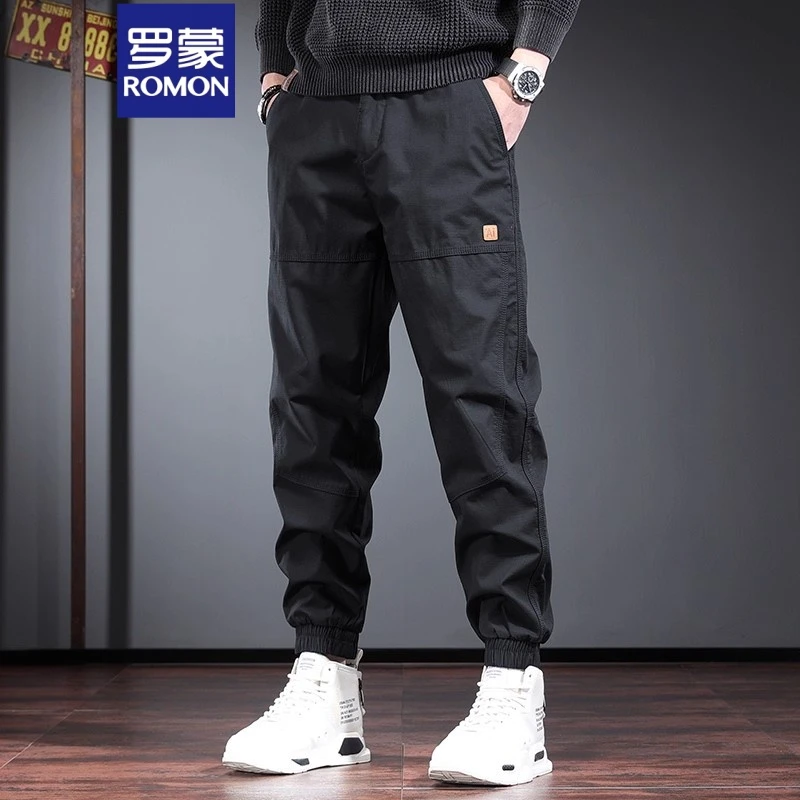 Romon/罗蒙裤子新款秋冬百搭裤男款黑色运动长裤束脚男裤冬季加绒