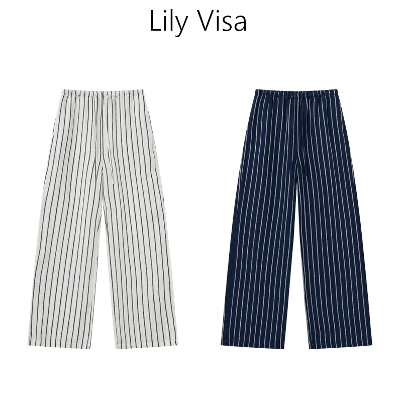 lilyvisa秋季总裁裤极简风亚麻条纹女士宽松阔腿裤拖地休闲裤
