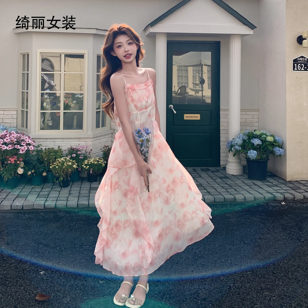 绮丽新款印花夏季气质吊带连衣裙日常吊带裙长裙Q546碎花长款裙子