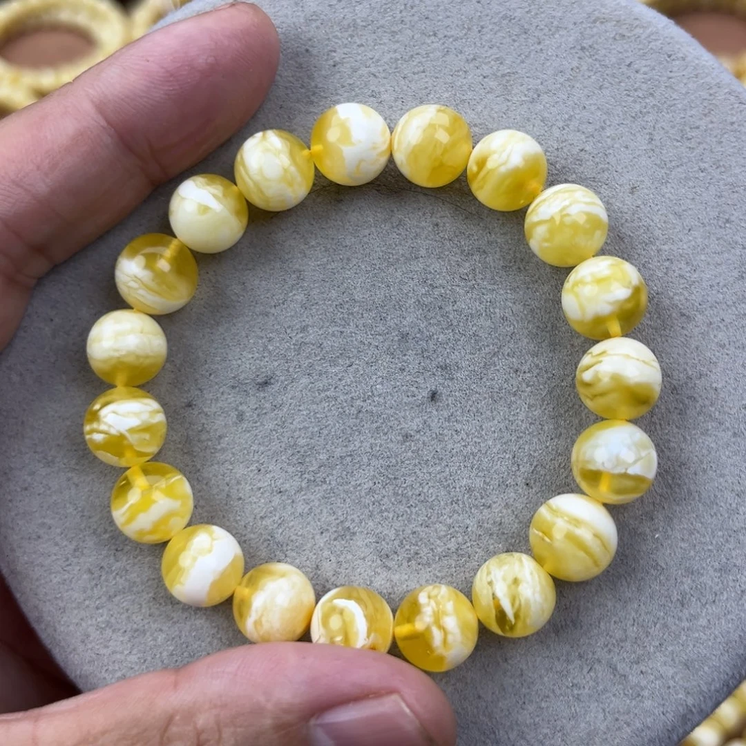 蜜蜡未镶嵌手串纯天然俄料金瓷白花虎皮10.5腕口16+