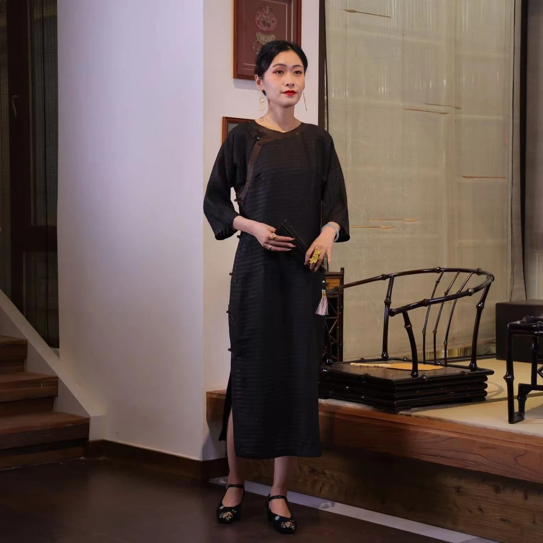 {苏梦}清晓画眉香云纱圆领花扣斜襟大袍中式女装气质国风0102486