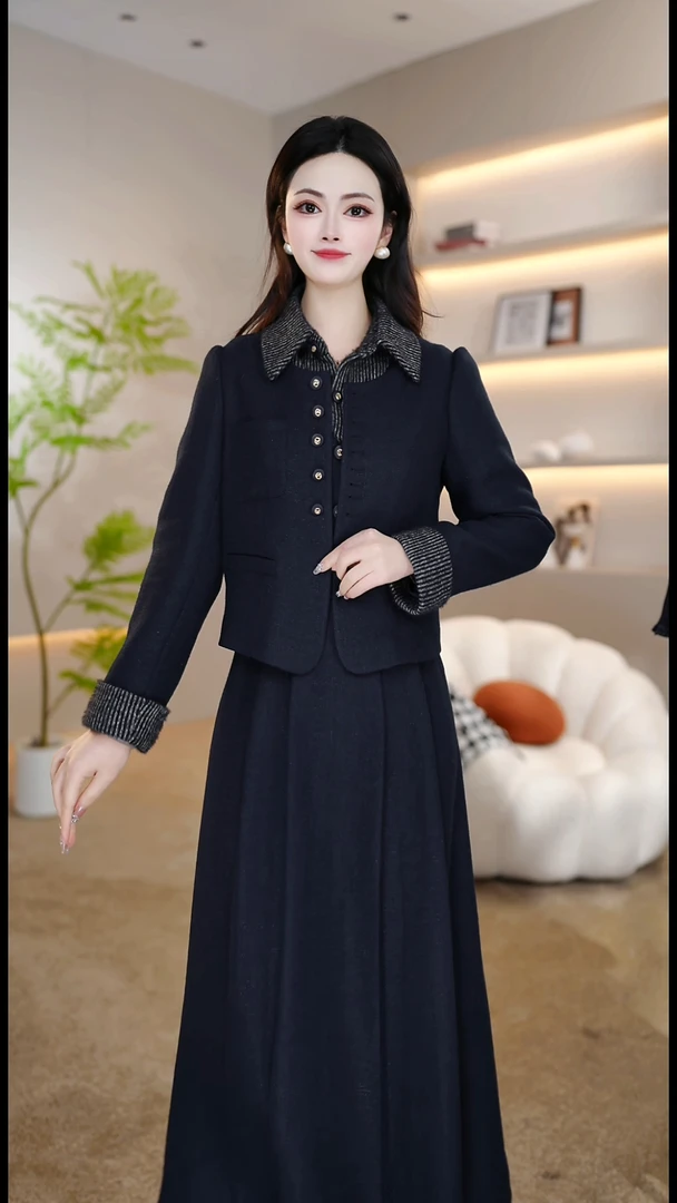 <0X227>2025年秋季新款时尚气质优雅两件套连衣裙中式减龄连衣裙