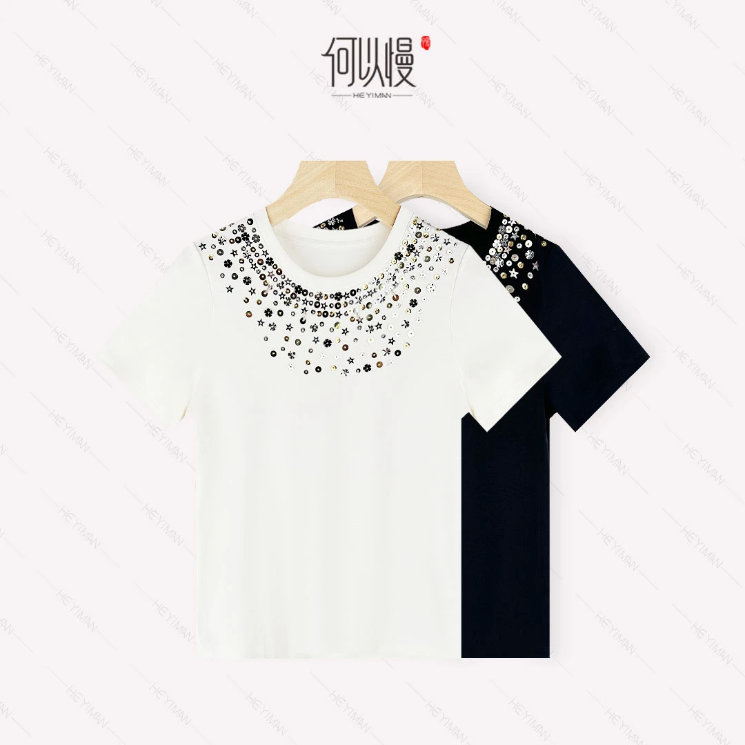 【何以慢】莫代尔棉混纺夏季时尚重工亮片钉珠圆领短袖T恤A0-A5441