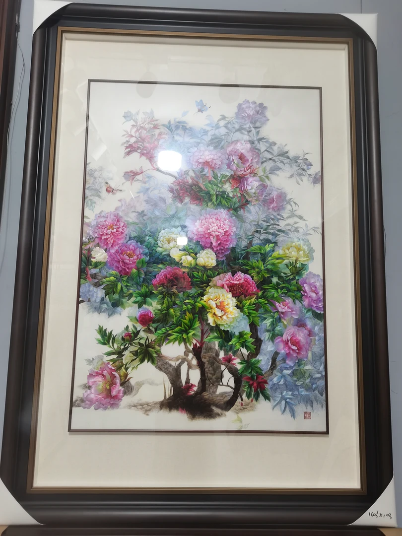 新中式高端手工苏绣幸福牡丹装饰画实木外框书房玄关客厅挂画