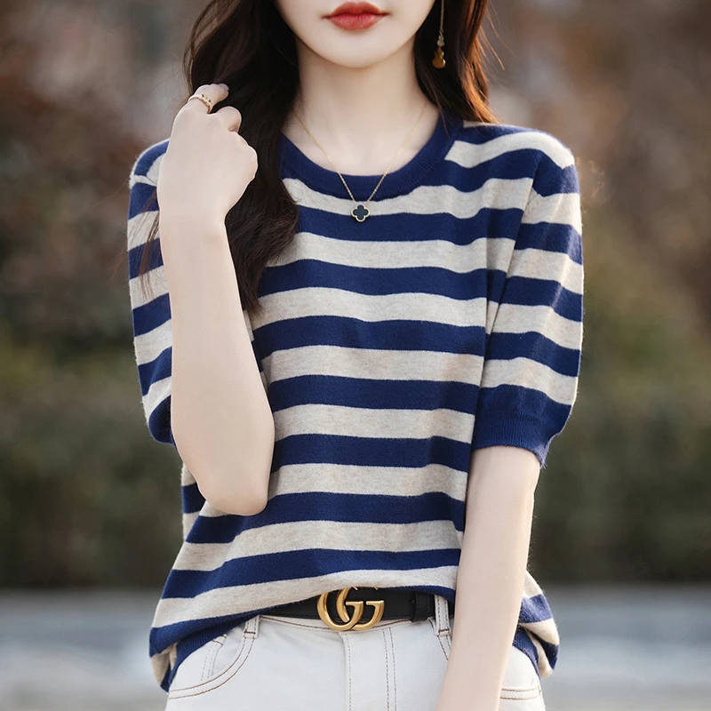 条纹针织衫女士夏装2025新款大码遮肚子上衣宽松显瘦薄款短袖T恤