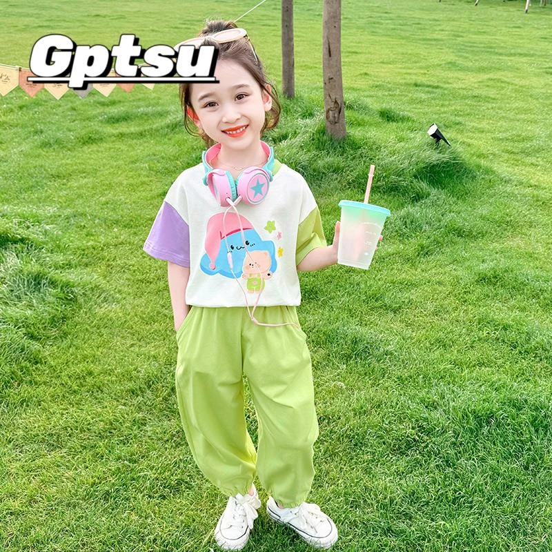 GPTSu女童夏季套装2025新款女宝宝洋气休闲短袖运动装夏装两件套