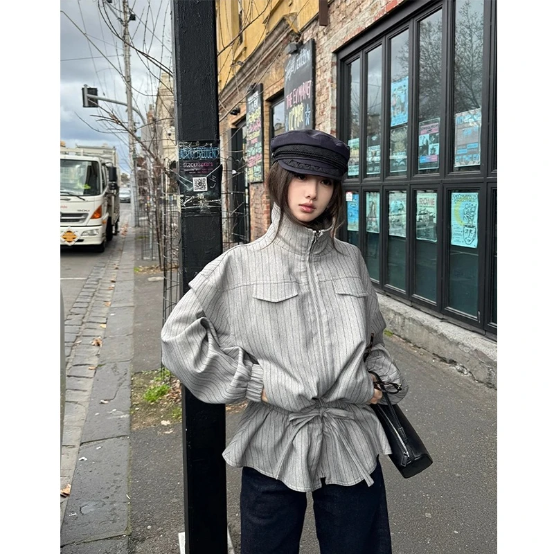 英伦风复古条纹立领风衣外套女秋收腰抽绳短款夹克高级感小众上衣