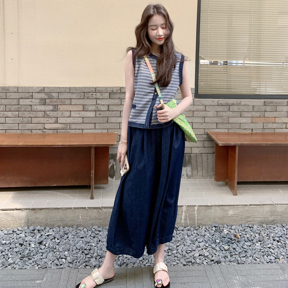 设计感牛仔拼接条纹马甲阔腿裤套装两件套女夏季韩系超好看梧桐裤