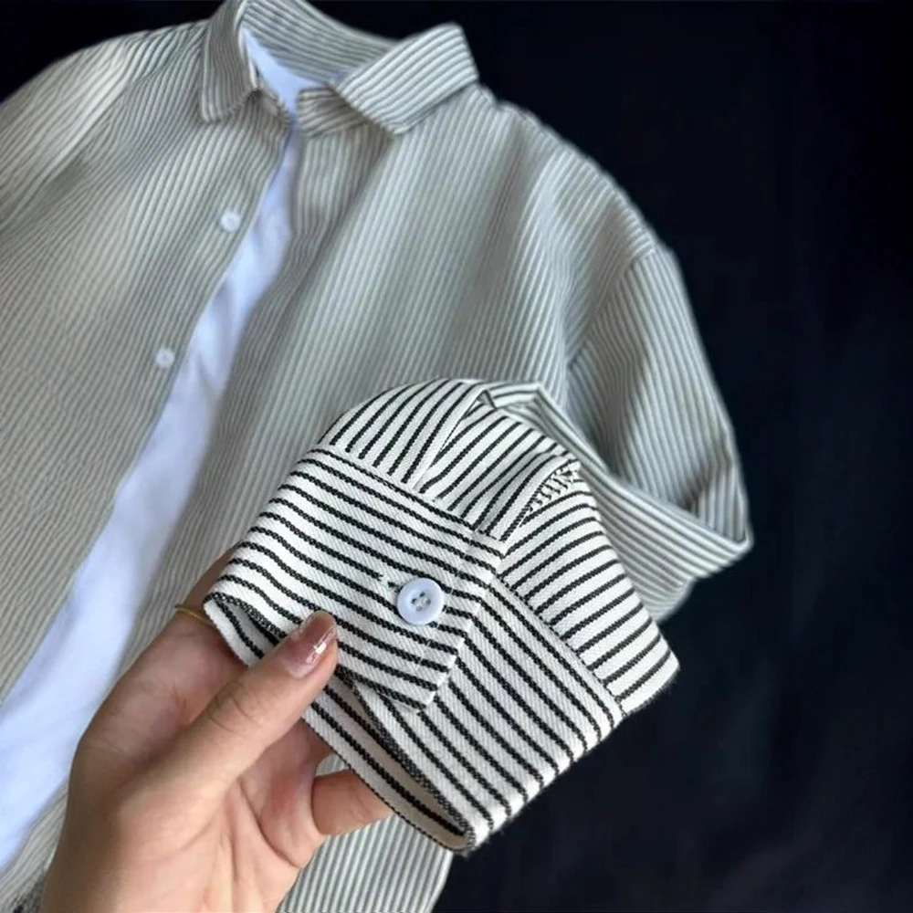 仓石一树黑白竖条纹长袖衬衫男款秋季美式复古打底衬衣服开衫外套