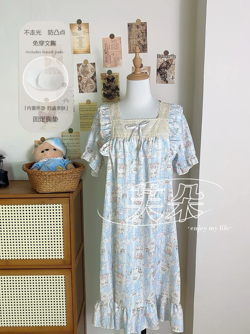 夏季新款睡衣女家居服茶杯猫温柔甜美蕾丝领公主风睡裙带胸垫