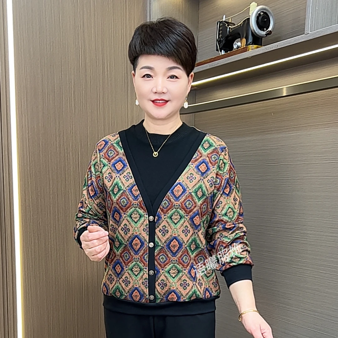 厚款假两件圆领长袖中老年女装休闲宽松百搭上衣F8888