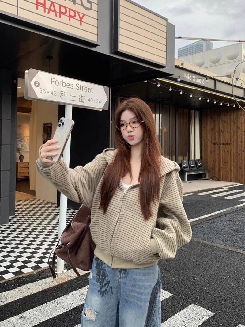 超好看条纹连帽开衫卫衣女早秋韩版oversize外套慵懒休闲百搭上衣