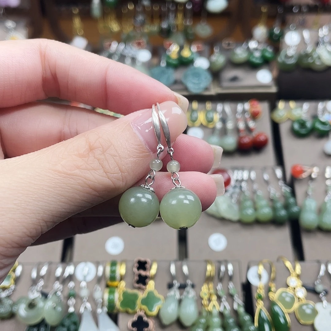 和田玉银S925镶嵌耳饰圆珠卡12