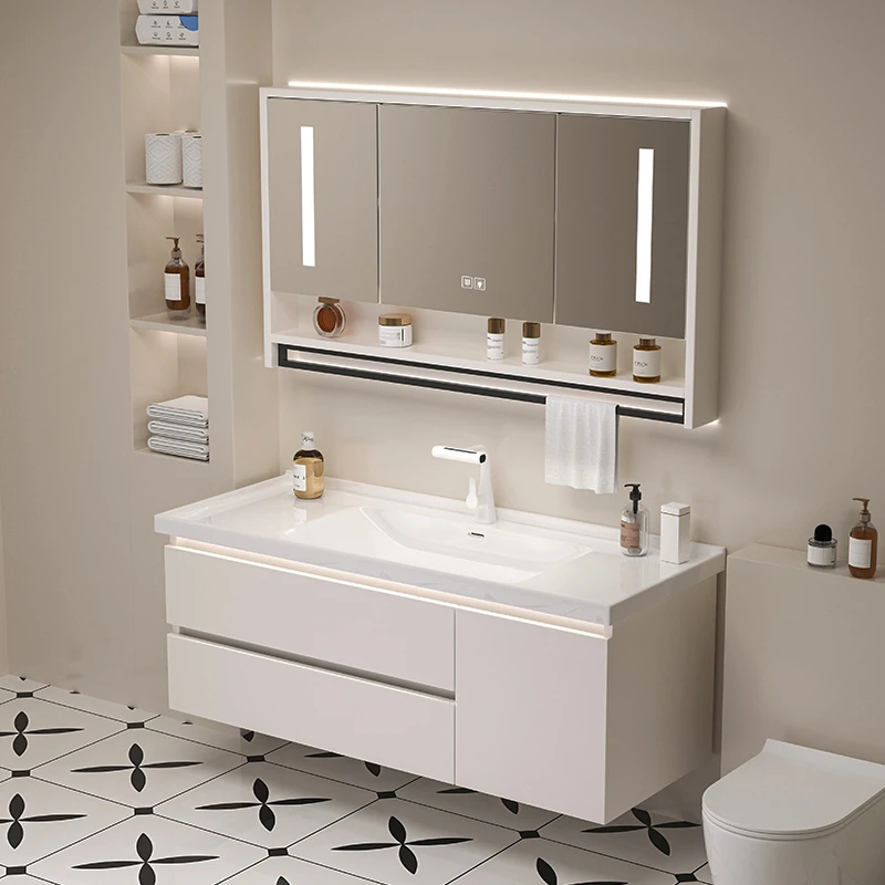 新款轻奢智能陶瓷一体盆浴室柜组合卫生间洗漱台洗手盆实木