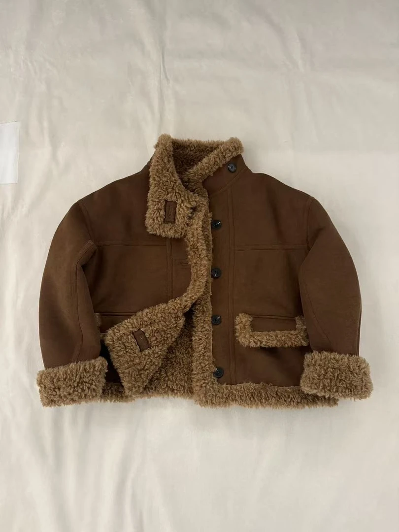 001秋冬新款复古毛毛衣短款加厚保暖外套