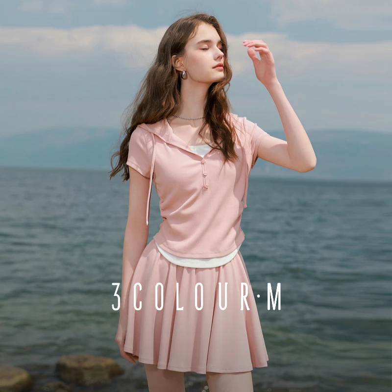 三彩2025夏季新款两件套休闲套装抽绳连帽上衣半身裙短裙M