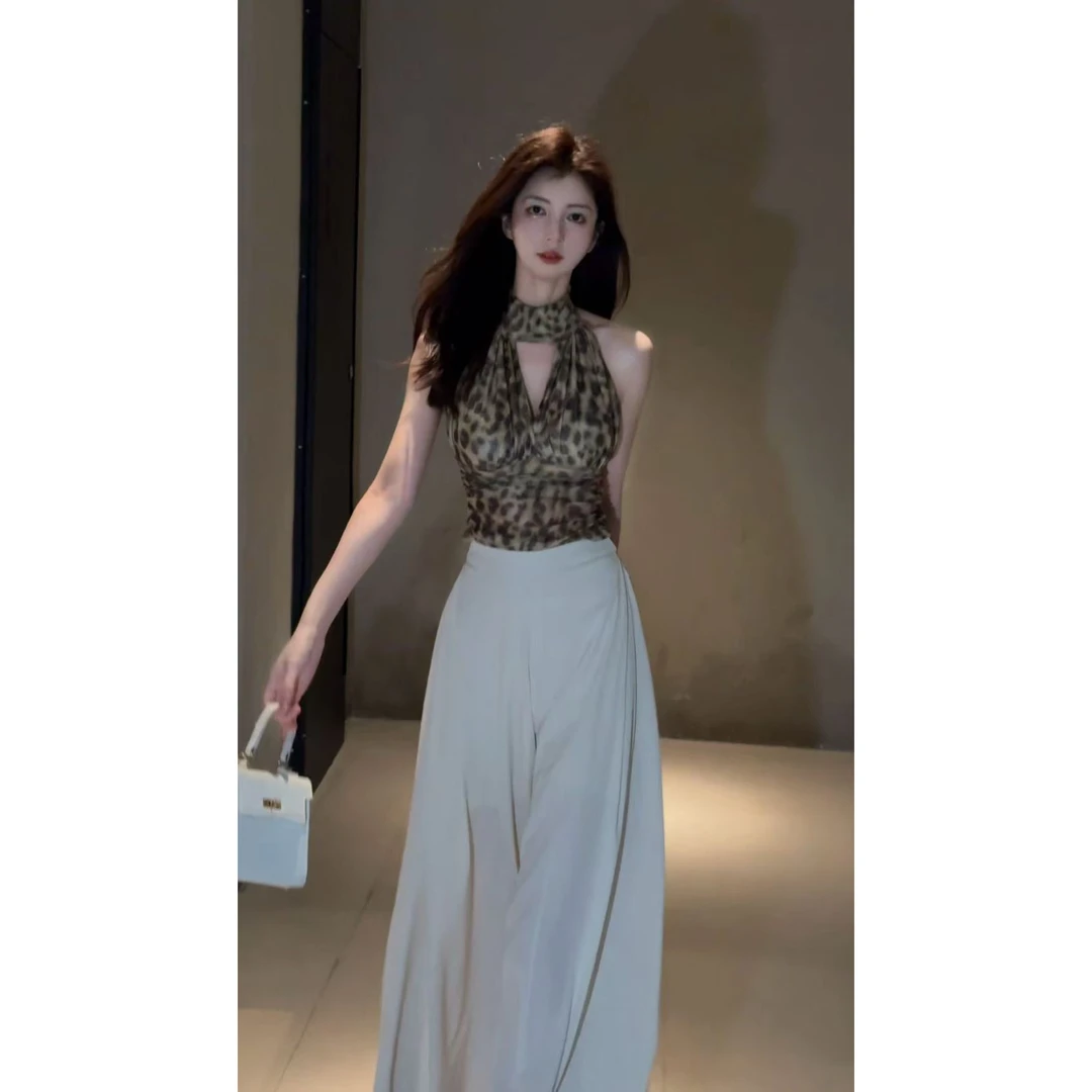 辣妹复古V领镂空豹纹吊带背心女美式挂脖性感露背小上衣+半身裙