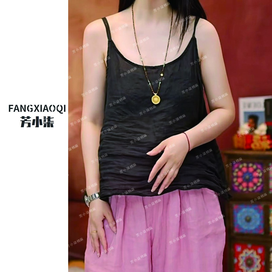 夏季纯苎麻宽松型百搭双肩带背心苎麻百搭植物固色