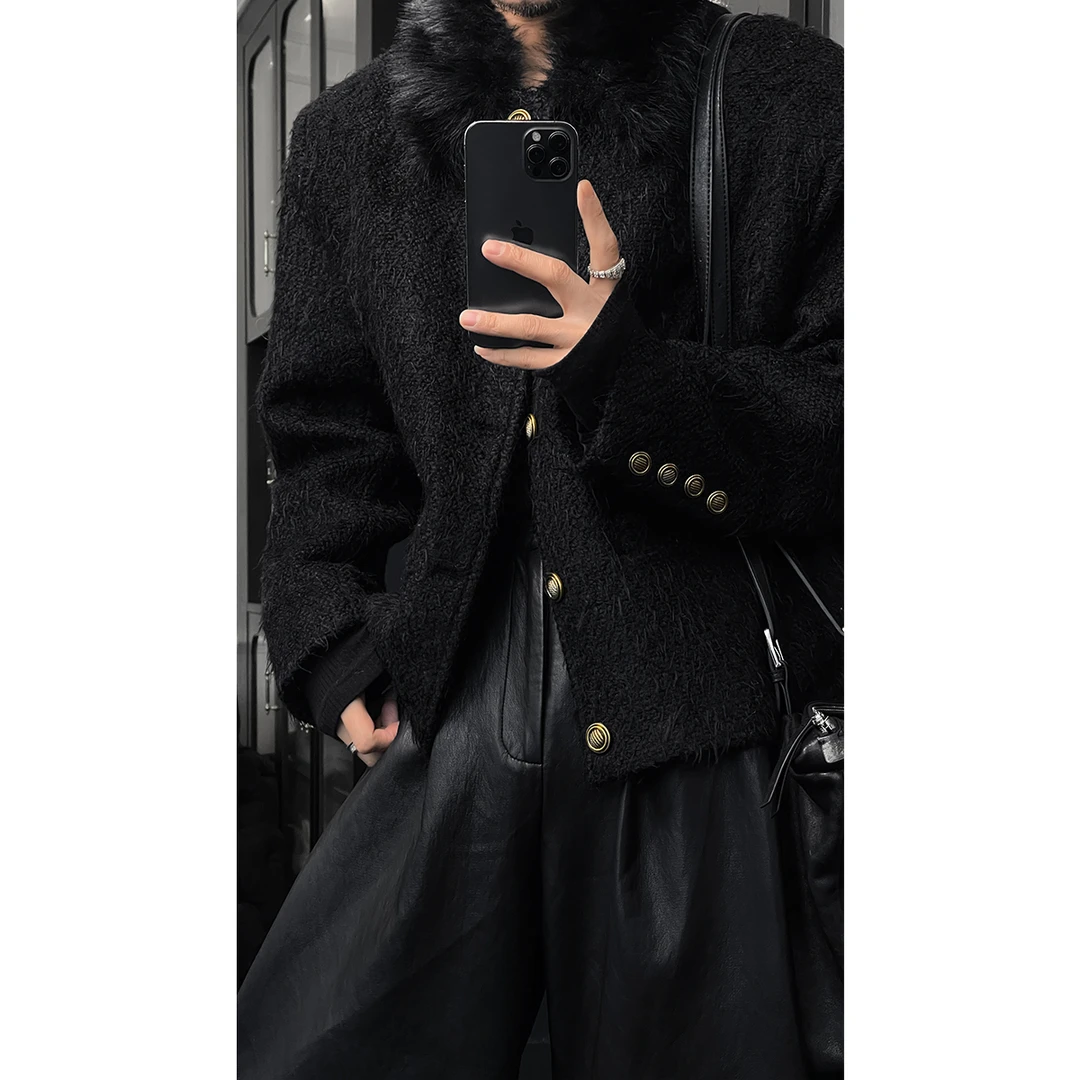 龙叨叨秋冬新品复古小香风毛呢外套男轻奢气质高级感百搭毛领夹克