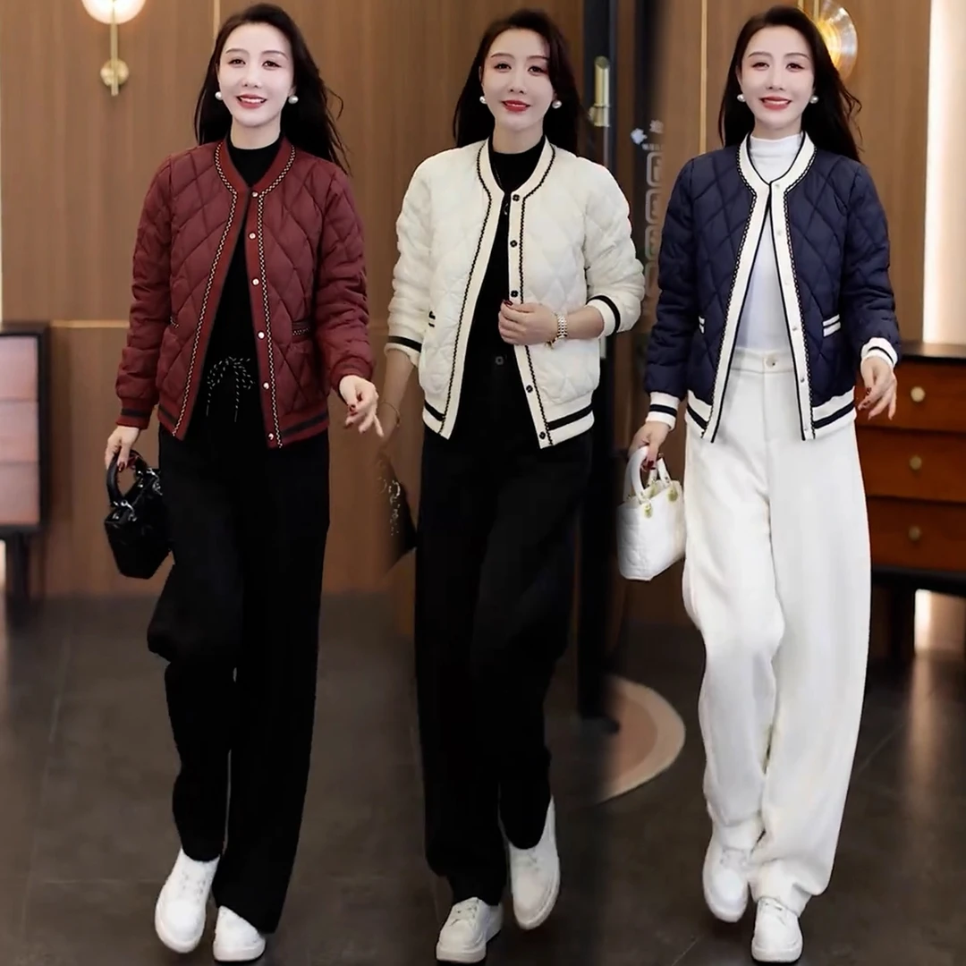 时尚韩版小香风棉服女2025冬季新款显瘦减龄百搭圆领菱格休闲外套