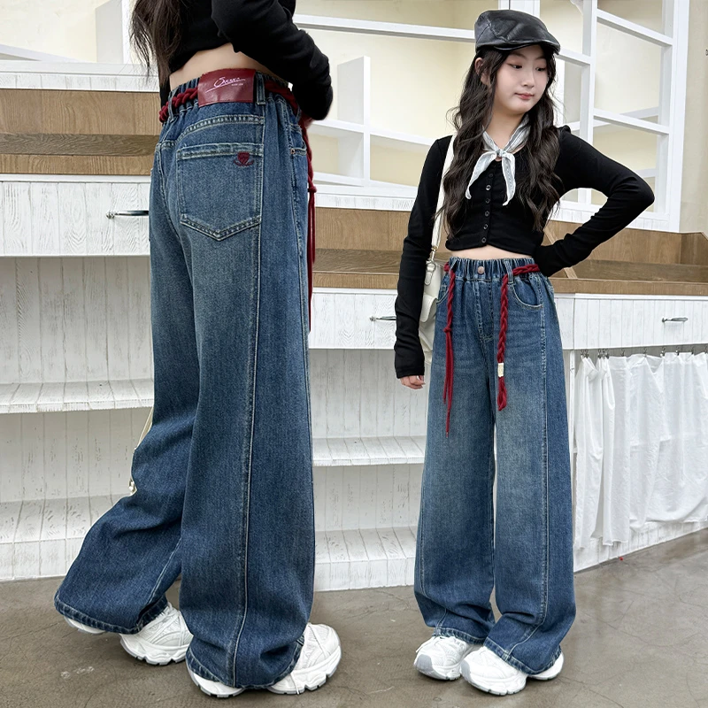 女童阔腿牛仔裤春秋款2025新款秋季大童6-12岁潮款裤子秋款直筒裤
