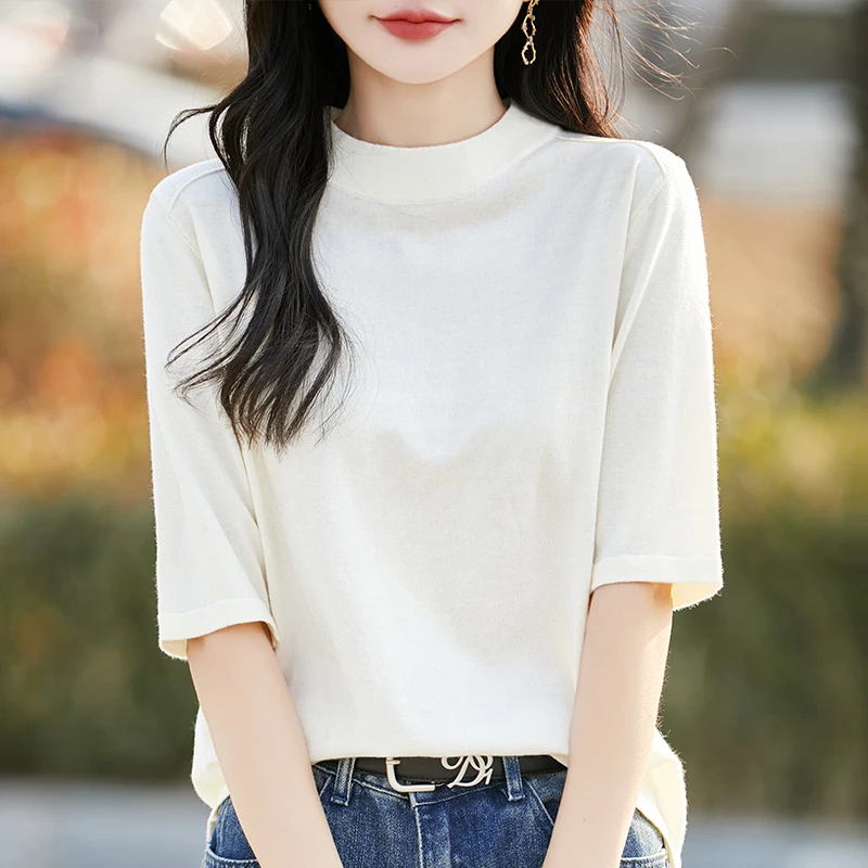 2025新款半高领时尚精纺五分袖针织衫女纯色微宽松显瘦百搭休闲