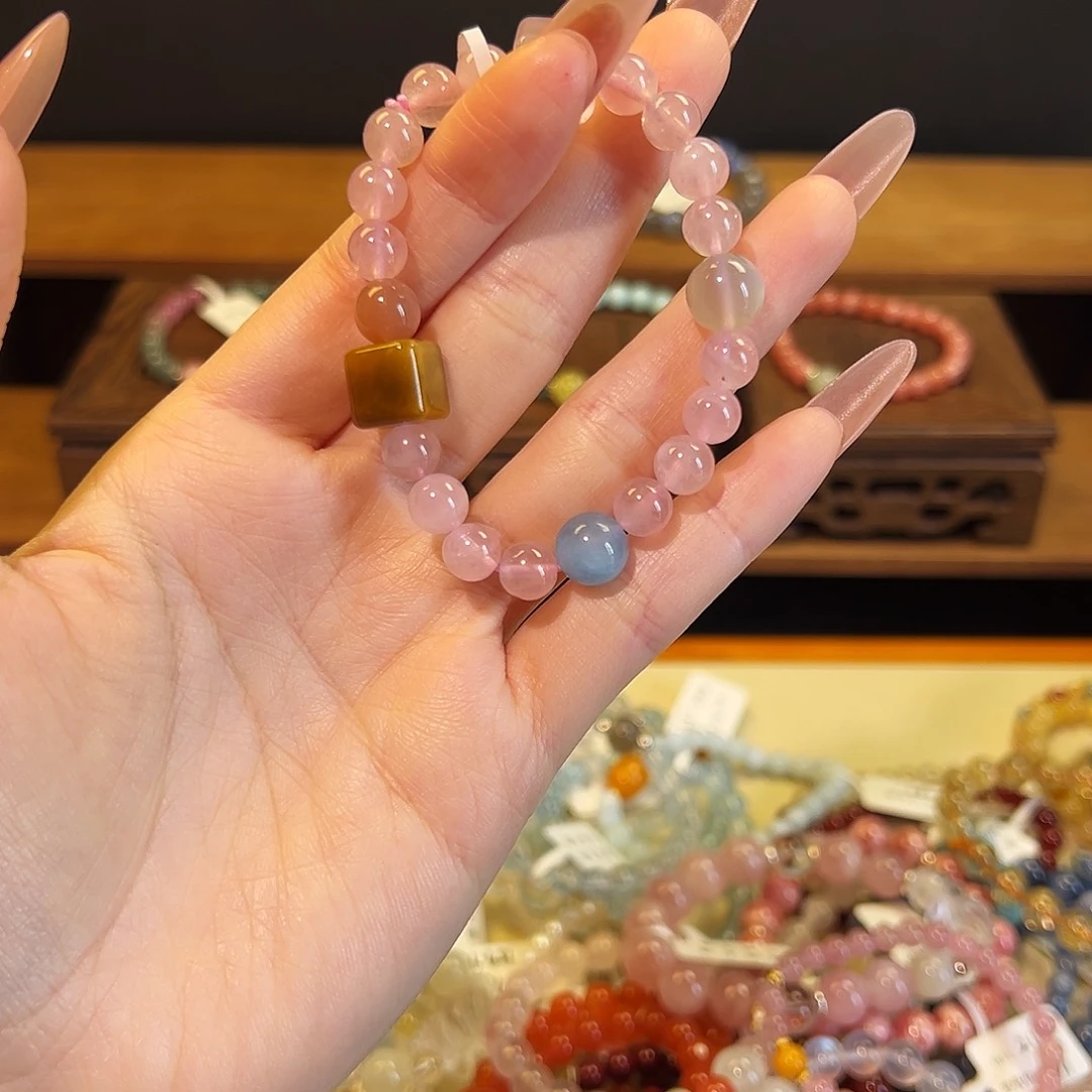 水晶手链银S925镶嵌粉水晶1012