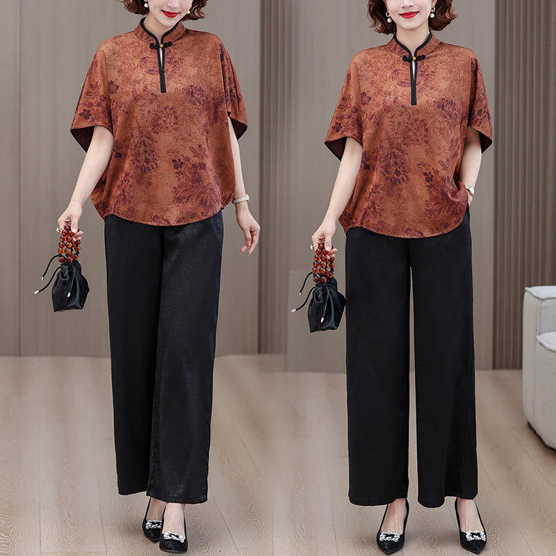 中老年女装气质妈妈高档套装夏季复古立领唐装国风上衣裤子两件套