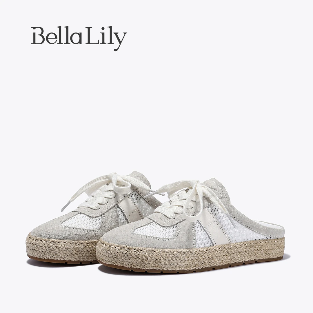 BellaLily2025夏季新款懒人舒适一脚蹬编织渔夫半拖百搭小白鞋女