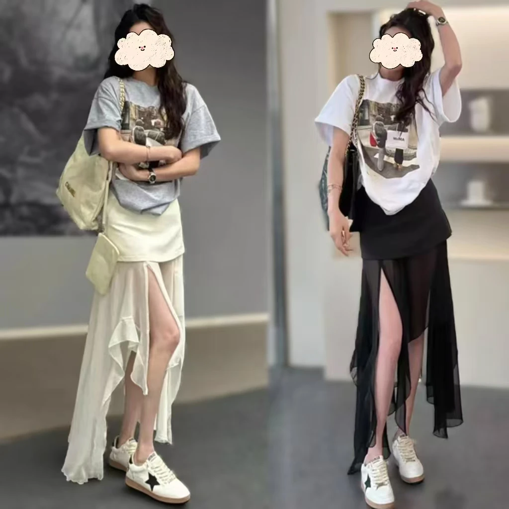 美式复古设计感宽松印花T恤短袖不规则拼接纱裙春夏新款时尚套装