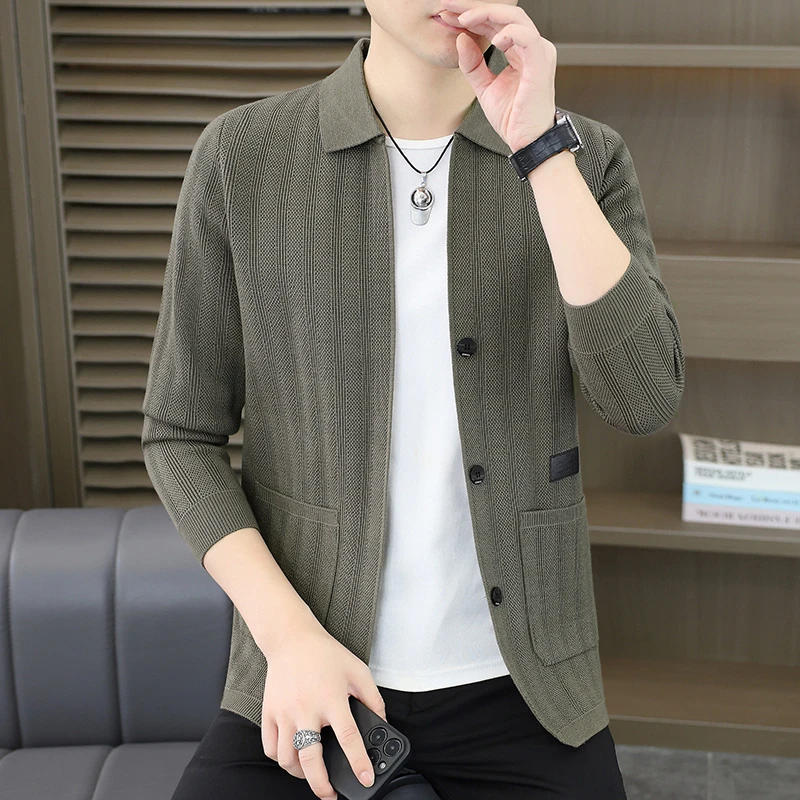 男士针织开衫休闲百搭长袖翻领毛衣秋季时尚潮流韩版帅气修身外套