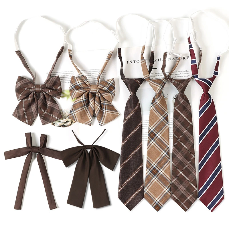 棕黄色格子条纹懒人免打学院风咖啡色领带女款配饰复古学士服领结