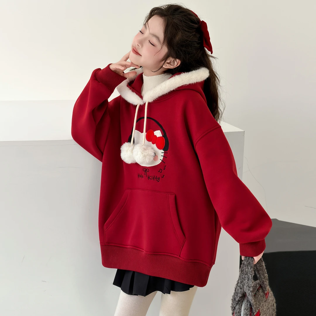 女童绣花连帽卫衣红色奥利绒加绒加厚冬季保暖年服卫衣休闲百搭