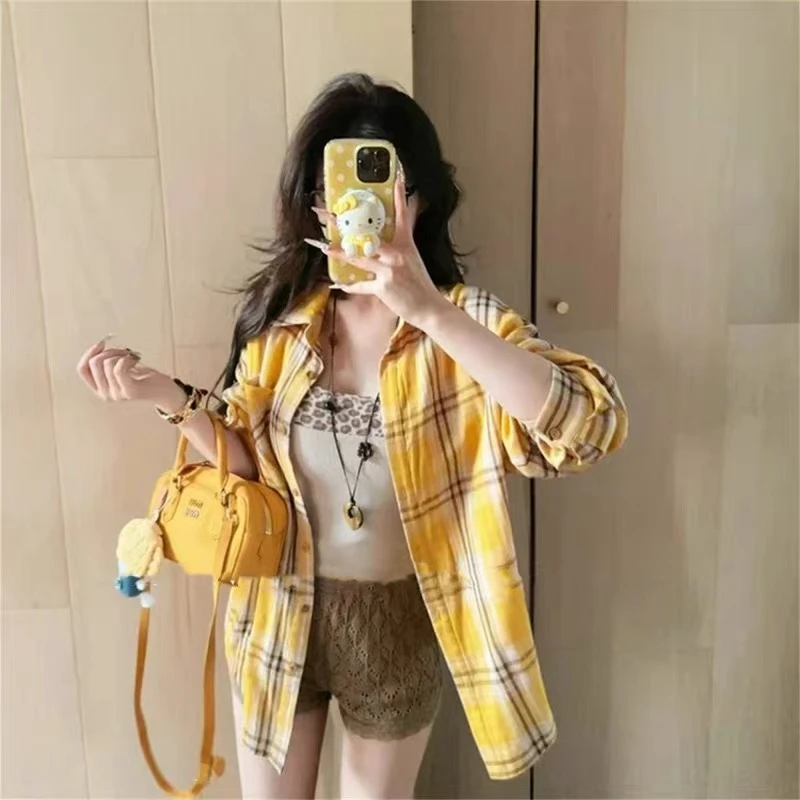 美式慵懒风黄色格子长袖衬衫女装2025早秋新款气质复古设计感上衣