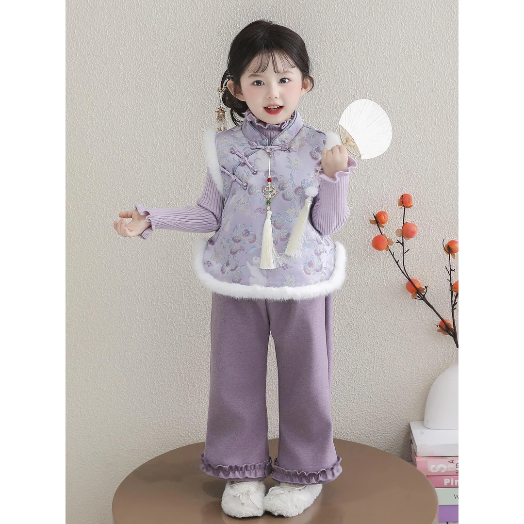 女童中式国风套装秋冬季2025新款洋气女宝加绒加厚马甲年服两件套