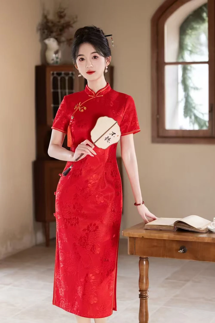 【好运来】中国风中式婚庆夏季红色薄款旗袍显瘦时尚A10