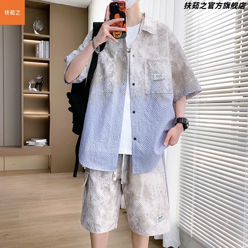 夏季男生酷帅穿搭衬衫套装青少年休闲短袖短裤初中高中学生一整套