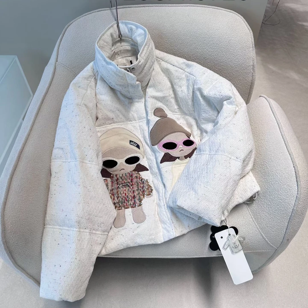 cicicoco猫头鹰鹅绒服2025冬季新款立领短款卡通丑娃刺绣南油欧货