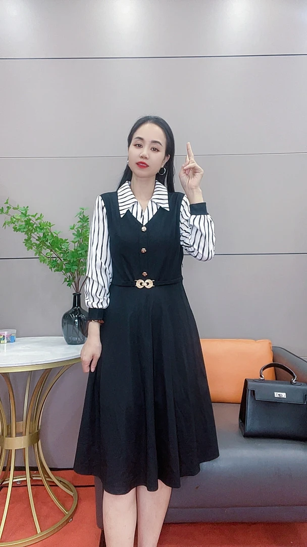 3899气质假两件连衣裙长袖设计遮肚显瘦轻奢中长款春秋装