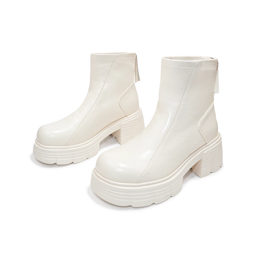 加绒【瘦瘦靴】粗跟厚底增高短靴~显瘦后拉链靴子~超轻便