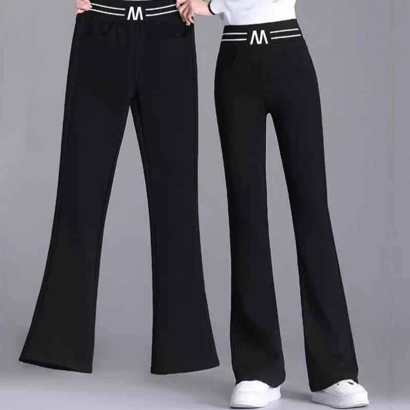 哥弟阿玛施正品秋冬款加绒加厚微喇叭黑色长裤女休闲百搭松紧腰高
