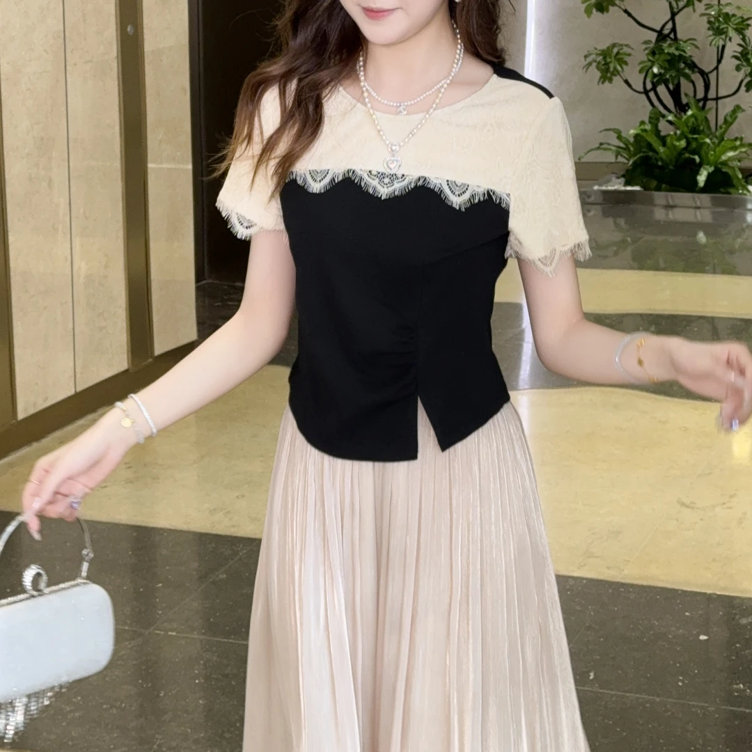 蔡小姐夏季法式时尚洋气减龄蕾丝拼色短袖T恤设计感小众别致上衣